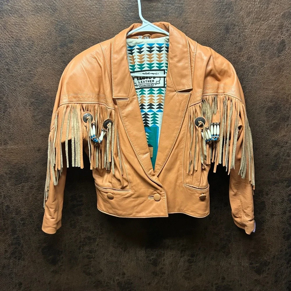 Lloyd's Leather Vintage Tassel Beaded Embroidered Lt Orange Short Jacket Small